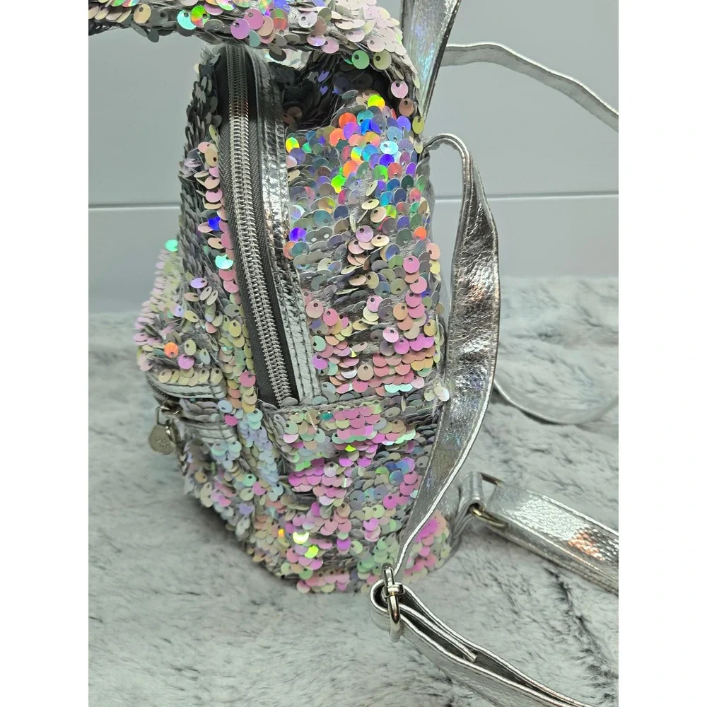 Justice‎ Girls Sequin Bunny Ears Mini Backpack Silver Rainbow Sparkle